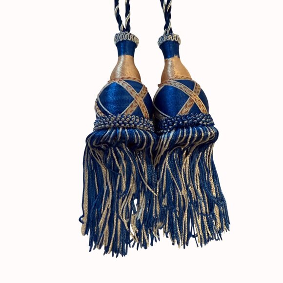 Elegant Blue Gold Curtain Tieback Craft Decor VTG Tassel Cord Set of 2 Regal DIY - Picture 10 of 12